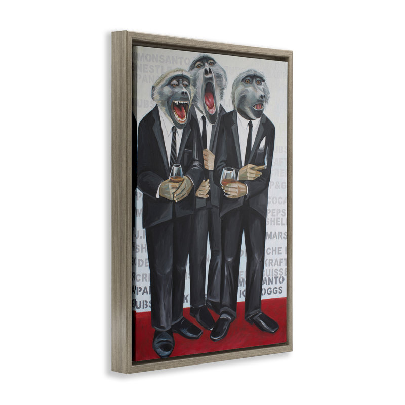 Formal Monkeys in Suits Floating Frame, design by Violeta Vollmer, 31" H x 21" W, Montalcino Elm Floater Frame