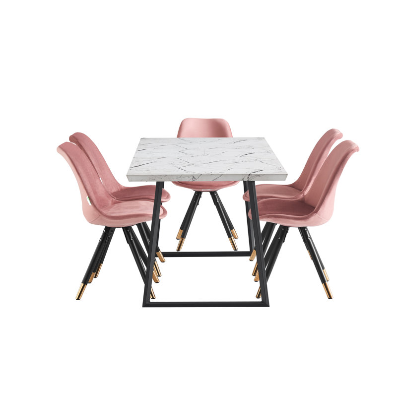 Grizelda 6 Person Dining set - a Rectangular Extendable Dining Table with Metal Legs and a Set of 6 Quilted Velvet Dining Chairs for Dining Room - Modern Dining Table Set