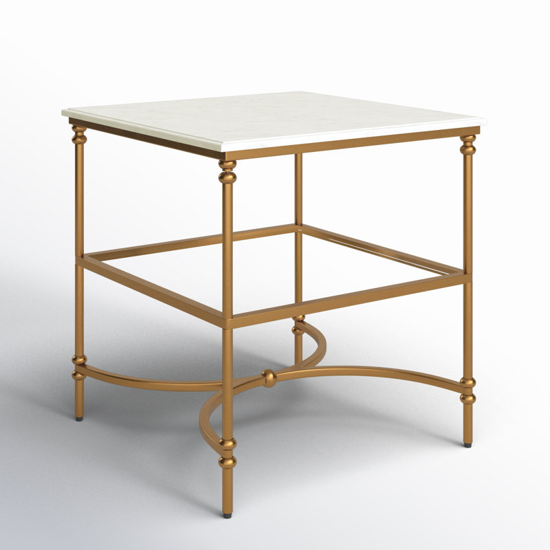 Libertine Genuine Marble and Metal End Table with Glass Storage Shelf, Gold