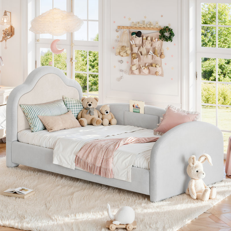 Lit tapissier à plancher bas SnuggleNest avec poche de rangement intégrée et rails latéraux de sécurité, Gris clair