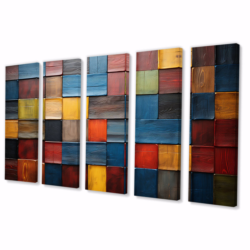 «Colorful Colorful Earth Tiles V - Boho Mosaic», art mural 5 pièces, H 32 po x l 80 po