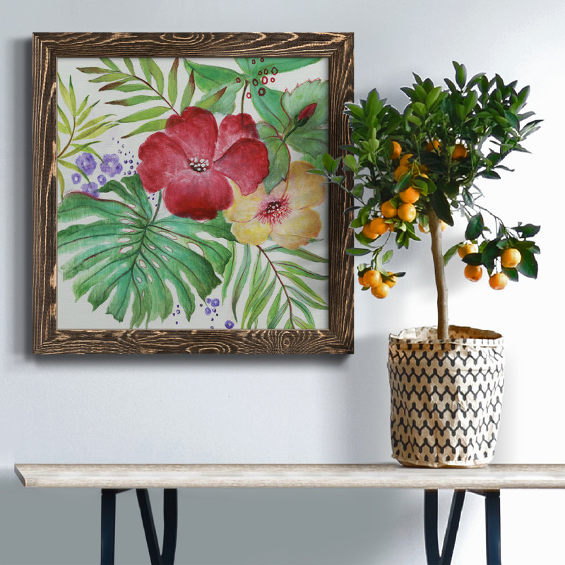 Fleurs tropicales - Peinture sur toile encadrée, Toile avec cadre noyer patiné, H 17 po x l 17 po x P 1 po