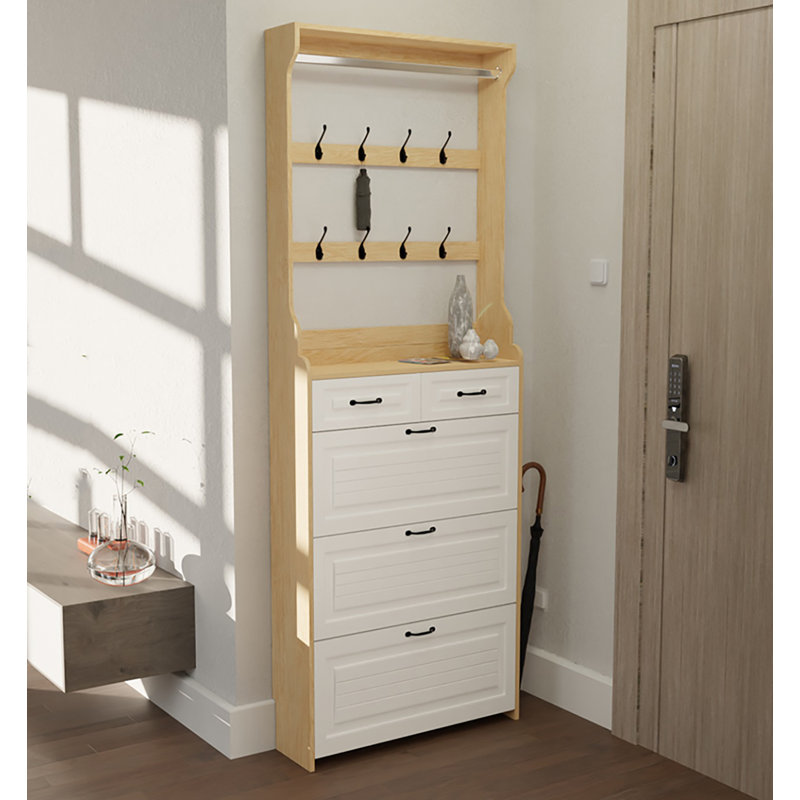 16 Pair Flip Down Shoe Storage, Light Yellow Wood