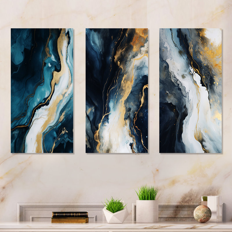 Or et bleu, peinture abstraite sur marbre I - ensemble de 3 reproductions d'art en marbre abstrait, H 28 po x l 36 po