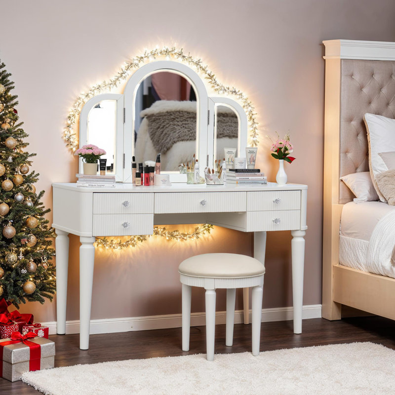 Ensemble de coiffeuse en miroir avec rangement spacieux et tabouret sans dossier, Blanc