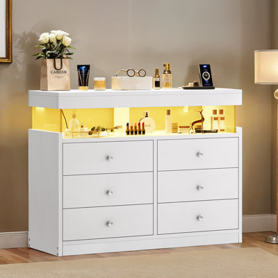 Commode décorative 6 tiroirs 39,3 po avec 2 tablettes ouvertes et lumière DEL