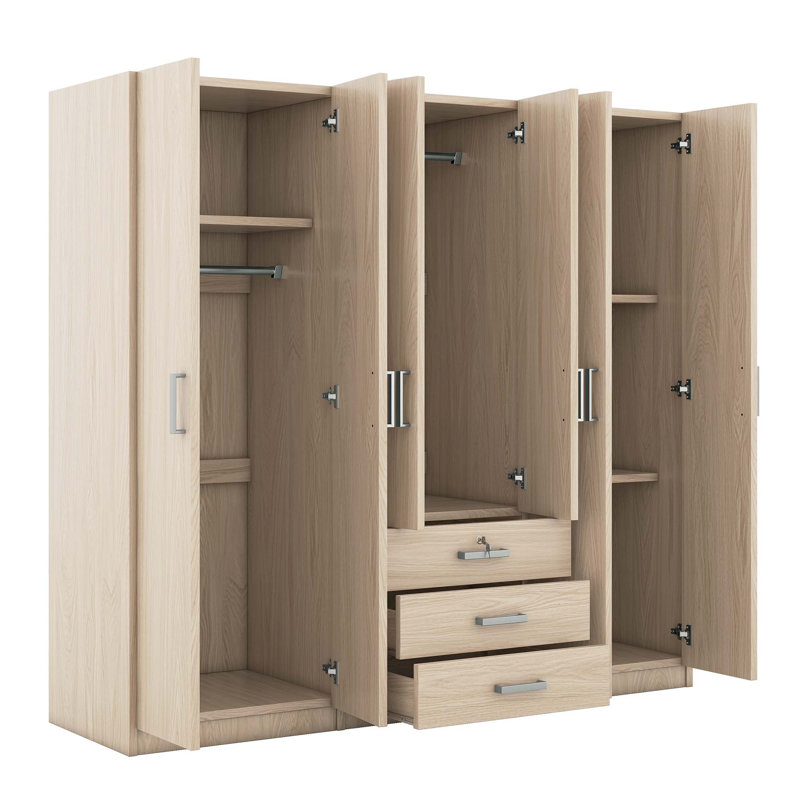 Rangement pour garde-robe en bois à 6 portes avec 6 grands tiroirs, Brun