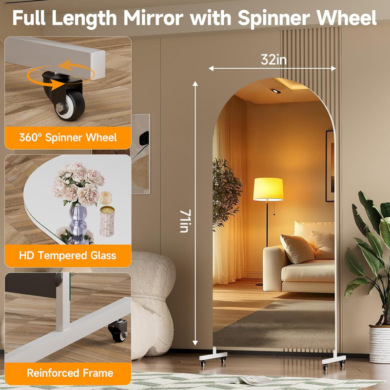 Home Gym Arched Mirror 360° Swivel on Wheels,Extra Large Full Body Rolling Mirror, Tempered Glass Easy to Move Full Length Mirror for Yoga Studio, Bedroom, Dancing Studio 3-Year Warranty