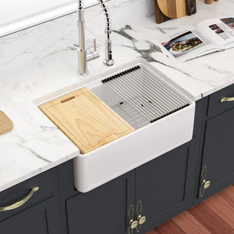 Grand évier de cuisine en céramique à tablier simple avec tablier L 33 po x l 20 po avec accessoires, Argent argent