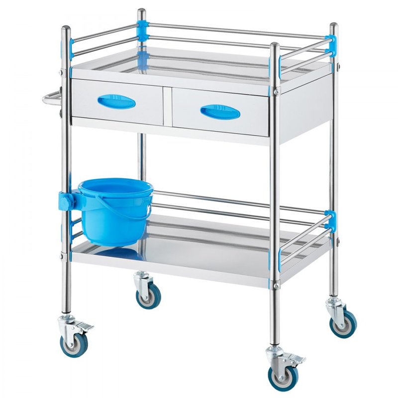 Chariot utilitaire en acier inoxydable, 2 couches avec deux roues verrouillables, idéal pour le laboratoire, les hôpitaux et les cabinets dentaires