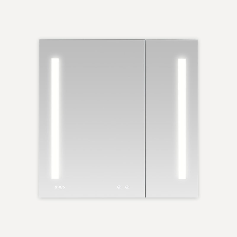 Armoire à pharmacie avec désembueur à DEL AQUADOM Signature Royale l 30 po x H 30 po x P 5 po, prises électriques, horloge numérique, gradateur, miroir grossissant 3X