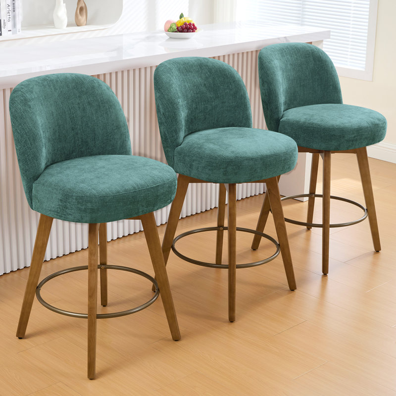 26" Mid-Century Modern Counter Height Bar Stools, 360° Swivel Fabric Upholstered Barstools with Solid Wood Legs, Island Chairs with Backrest