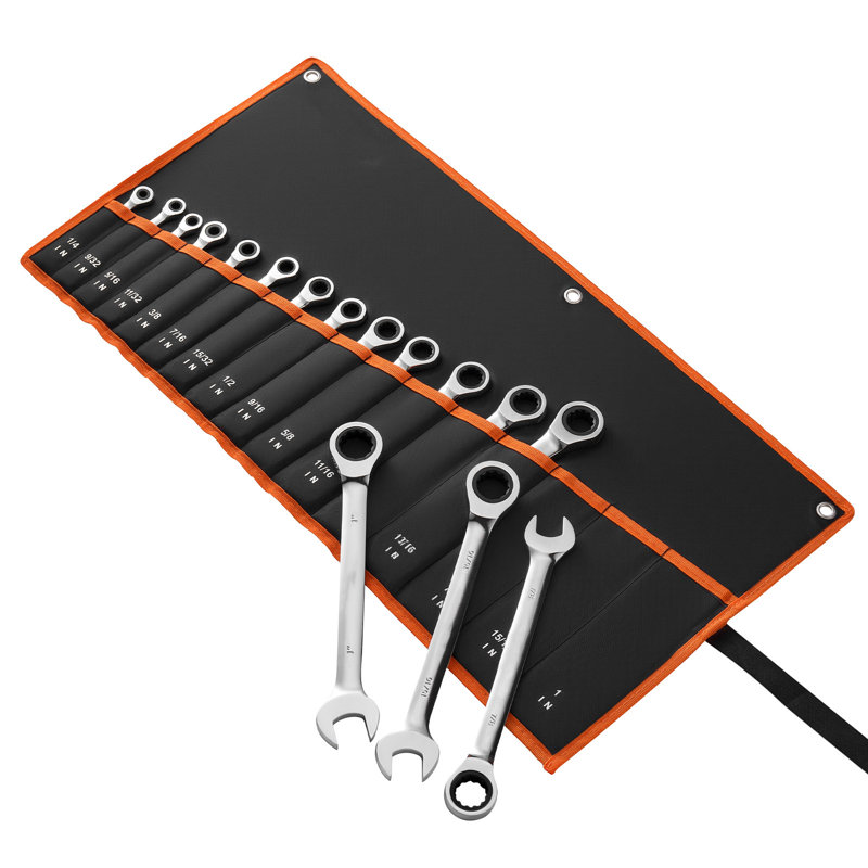 Combination Wrench Set, 16-Piece SAE Sizes, 72 Teeth, Cr-V Steel Ratcheting Wrench Set, with Roll Up Pouch, Open End, Clear Size Labels, for General Household and Automotive Repairs, Silver