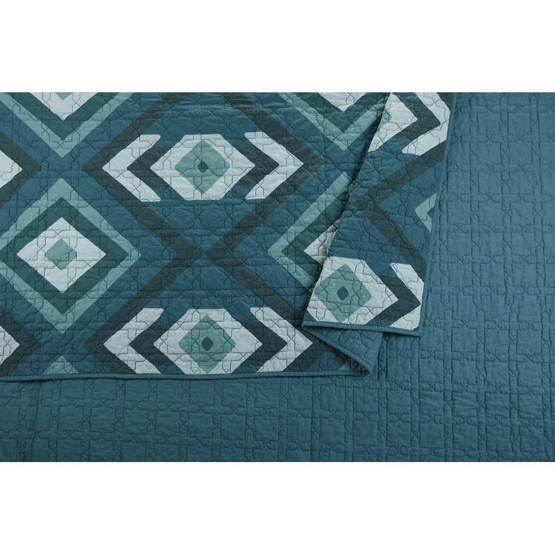 Teal and Aqua Cotton Full/Queen Quilt Set with Geometric Pattern