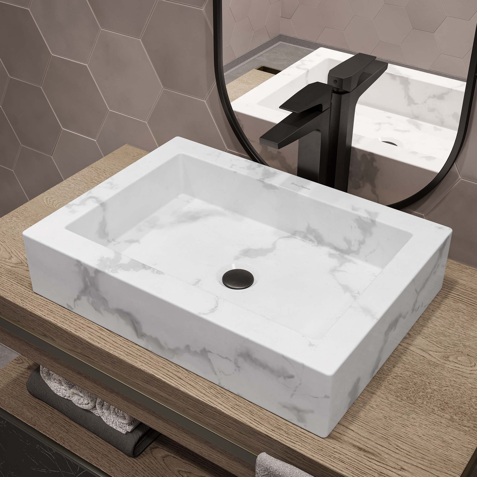 Voltaire 22" Ceramic Vessel Bathroom Sink, White Marble