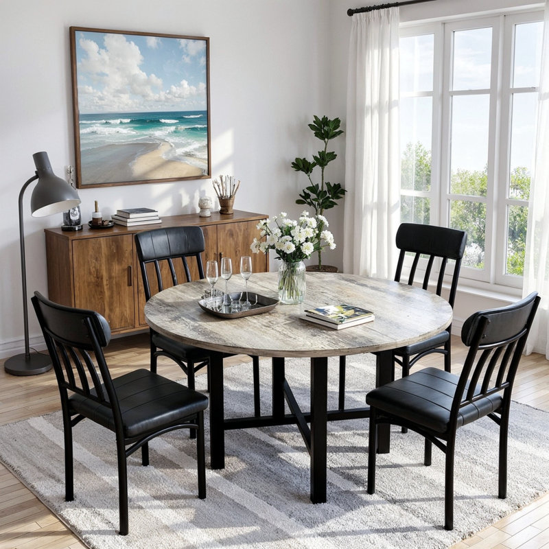 Round Dining Table Set For 4, 5-Piece Circle Kitchen Table And Chairs Set For 4,  Modern Round Dining Table With 4 Faux Leather Upholstered Chairs For Small Space, Kitchen, Breakfast Nook