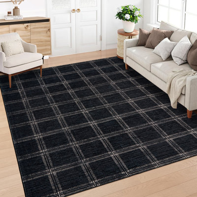 Washable Modern Rug Soft Plaid Carpet with Non-Slip Backing, Stain-Resistant Low Pile Floor Mats, Easy Cleaning Geometric Indoor Tug for Living Room, Nursery, Office
