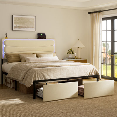 Upholstered Full Bed with 2 Storage Drawers,Velvet Storage Bed with LED Light and Charging Station,No Spring Boxing Needed