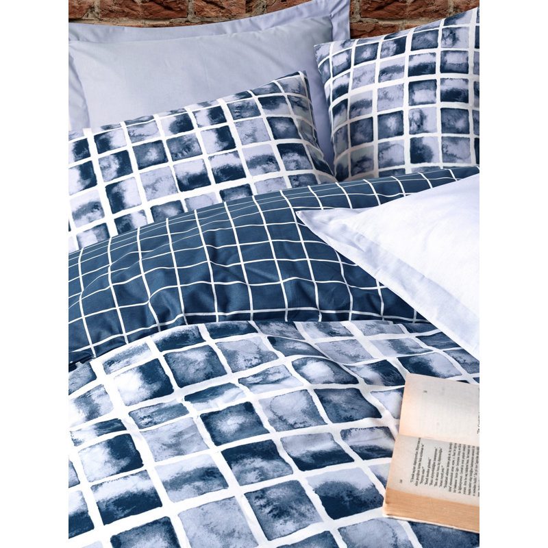 Housse de couette en coton bleu / gris / blanc Ranforce