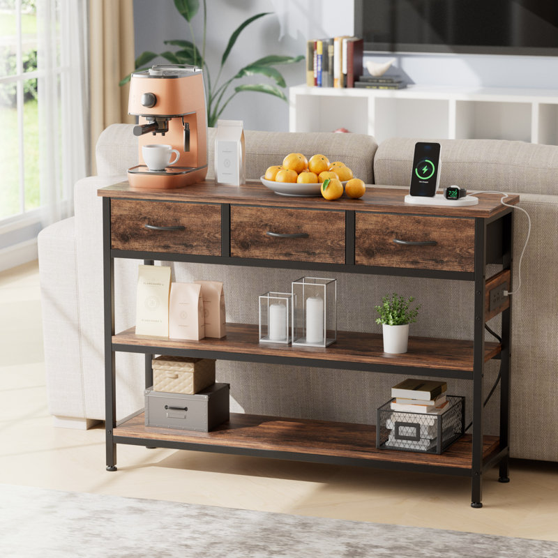 43.3''  Modern Wood Console Table with 3 Fabric Drawers, Rectangle Narrow Entryway Sofa Table with Charging Station And Open Shelves For Hallways, Living Rooms, And Small Spaces