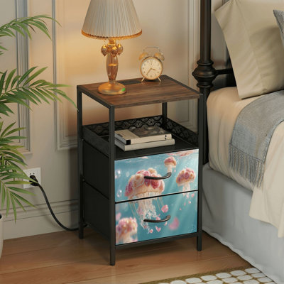 Table de chevet 2 tiroirs avec station de charge, table de chevet pour chambre à coucher avec ports USB, tablette ouverte noire, table de chevet avec méduse surré rose, pêche, roses, flottant sous une lumière douce