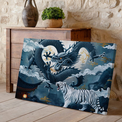 Canvas A Majestic Black Dragon And A Fierce White Tiger Engage Wall Art In A Dramatic Clash Set Against A Swirling Backdrop Of For Canvas Wall Art
