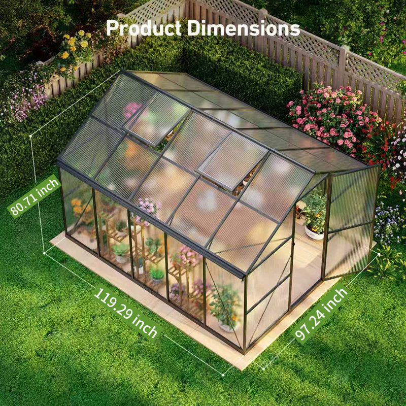 8' x 10' Heavy Duty Walk-In Outdoor Greenhouse, 4mm Twin-Wall Polycarbonate Garden House with 45 MPH Wind Resistant Aluminum Frame & Roof Vent