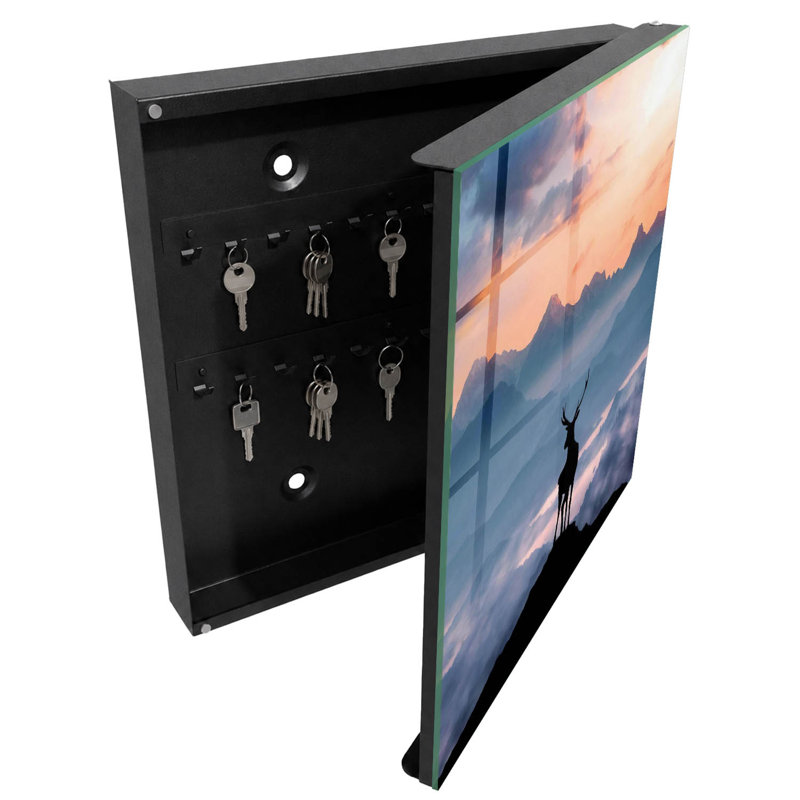 Key storage box, Opens to the right, 30x30x5, White, The strong silhouette of a deer against the backdrop of mountains at dawn, 