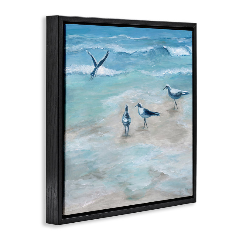 Mouettes côtières sur la plage, Cadre flottant noir de jais, H 18 po x l 18 po