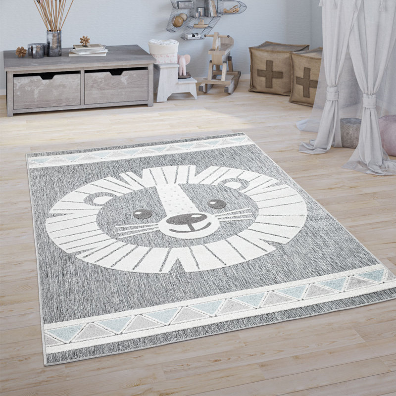 Uchida Kids Room Play 3D Effect Lion Power Loom Grey/White Outdoor Rug, Rectangle 120cm x 160cm
