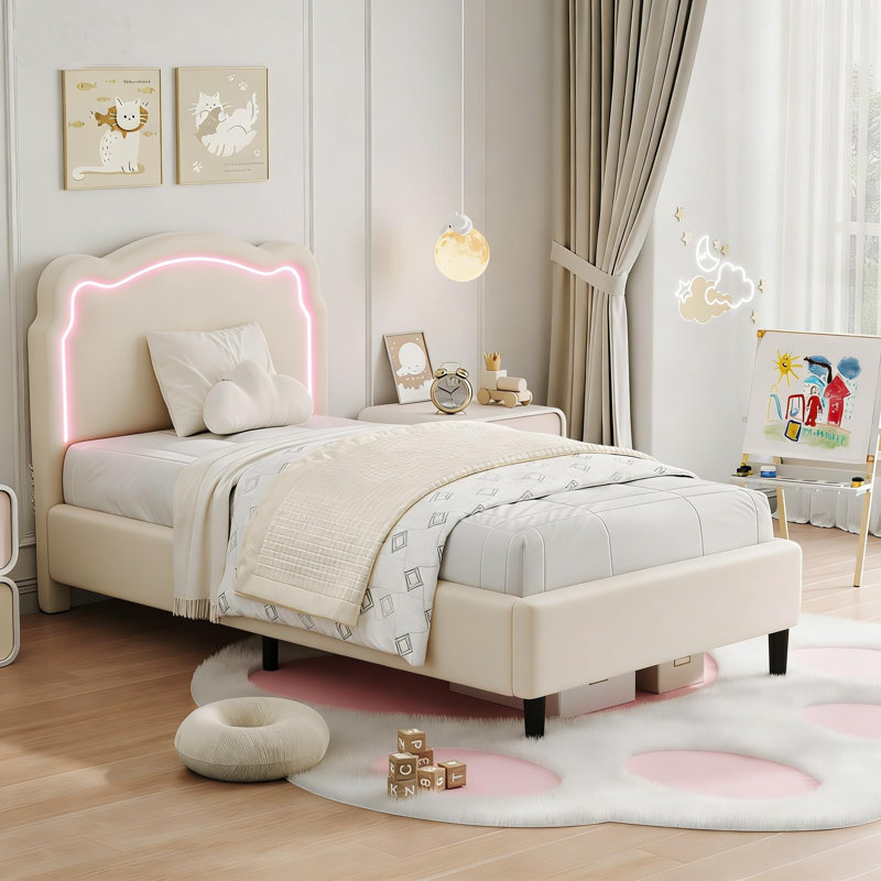 Lit plateforme tapissier simple pour enfants avec tête de lit ajustable en forme d'ours, Beige