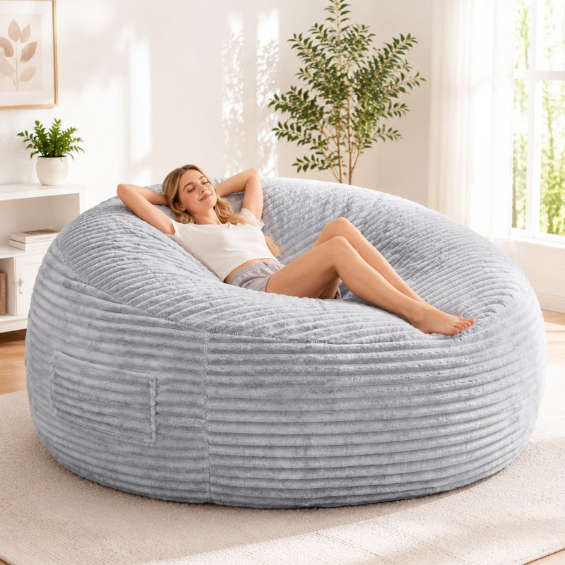 Fauteuil à billes 71 po en mousse géante, chaise longue surdimensionnée ronde avec poche latérale pour enfants, adolescents, adultes, gris