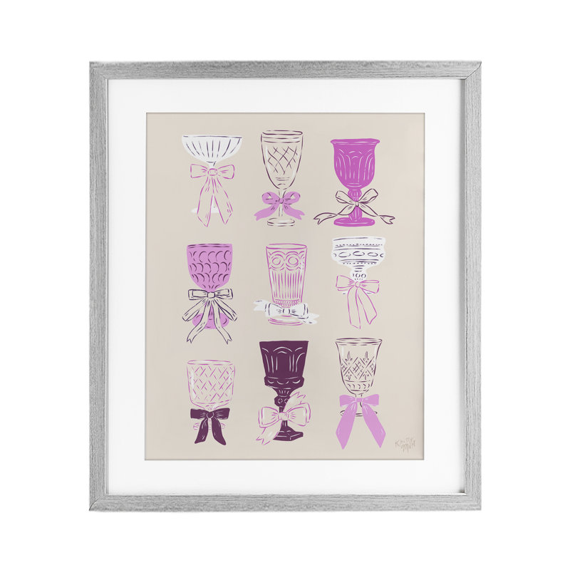 Calices de cocktail roses et mauves, reproduction sous verre encadrée, design par Krissy Mast, Cadre de ferme gris