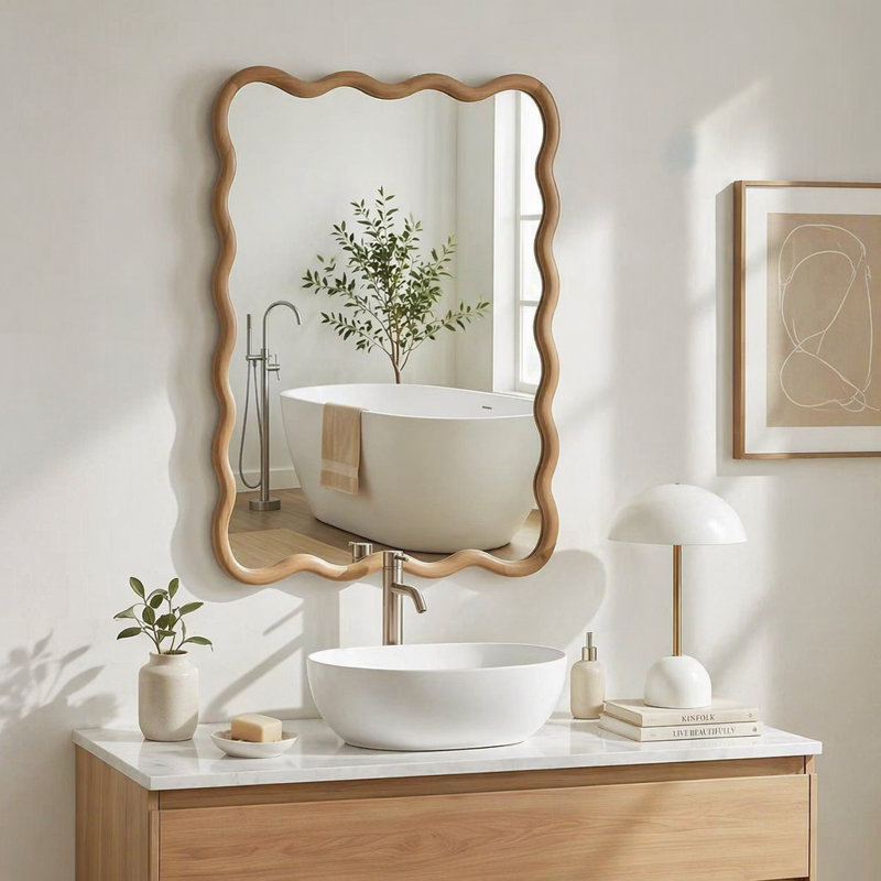 Wavy Rectangle Solid Wood Frame Decorative Mirror For Bedroom, Bathroom, Living Room, Entryway, Natural, 30" x 20"