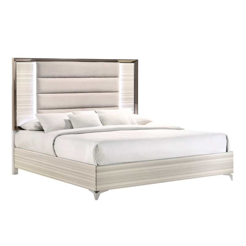Très grand lit King Star blanc en bois massif et tête de lit tapissier élégante à 4 pieds et 14 lattes