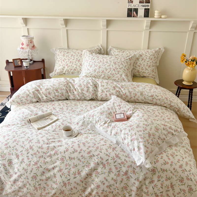 Muti-Floral Pattern Ruffle Laced Cotton Duvet Cover Set, Twin Duvet Cover + 2 Standard Pillowcases, Purple/White Floral