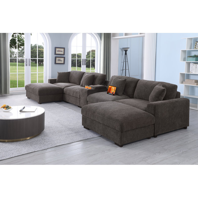 7 Piece Upholstered U-shape Sectional with Cup Holders & Charging & Storage, Dark Gray Polyester