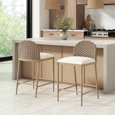 Ensemble de tabourets de bar 25 po avec 2 tabourets de bar rembourrés en fer avec dossier en rotin pour table de salle à manger, brun et beige