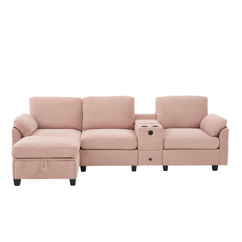 Sectional Sofa With Ottoman, Pink Corduroy
