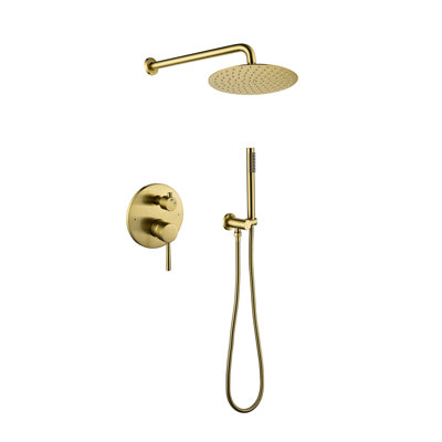 High Bathroom Shower Kit - Brushed Gold Wall Mounted With 10" Stainless Steel Rain Head And Handheld Shower, 2 Way Balance Valve