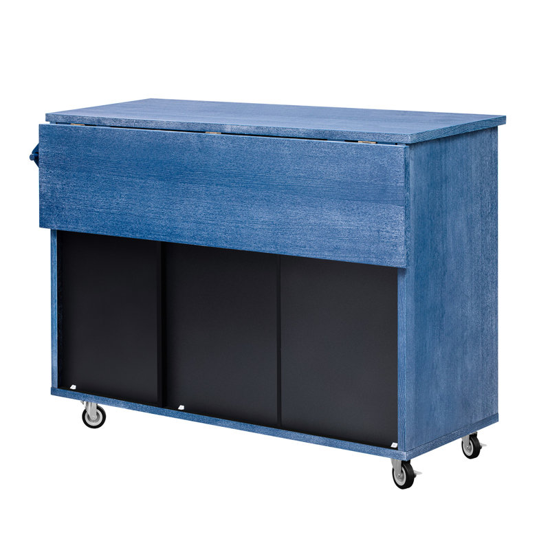 Îlot de cuisine à rayures 3D avec placage de frêne, rangement interne, comptoir à abattants et pieds en bois de pin massif (conception de style moderne bleu marine, rangement, fonction mobile bleu)