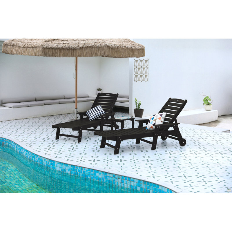 Lounge Chair With Side Table, 3-Piece Oversized Chaise Lounge Chair Set ,Black, All Weather Patio Lounge Chair With 5 Positions, Wheels & Cup Holder (2 Lounge Chairs And 1 Table)