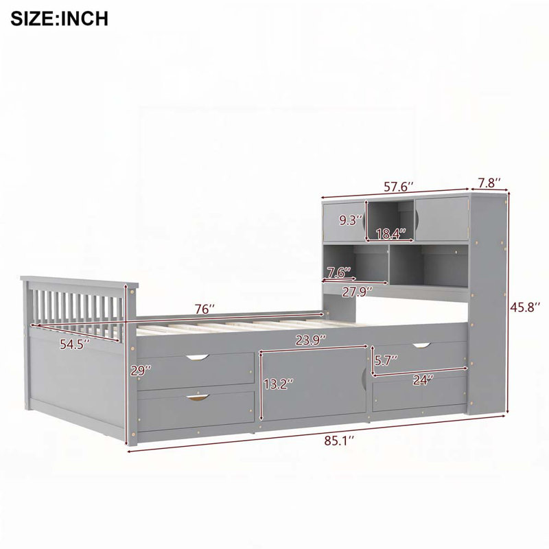 Captain Platform Bed Frame with Storage Bookcases and Shelves,Four Drawers, Full, Grey