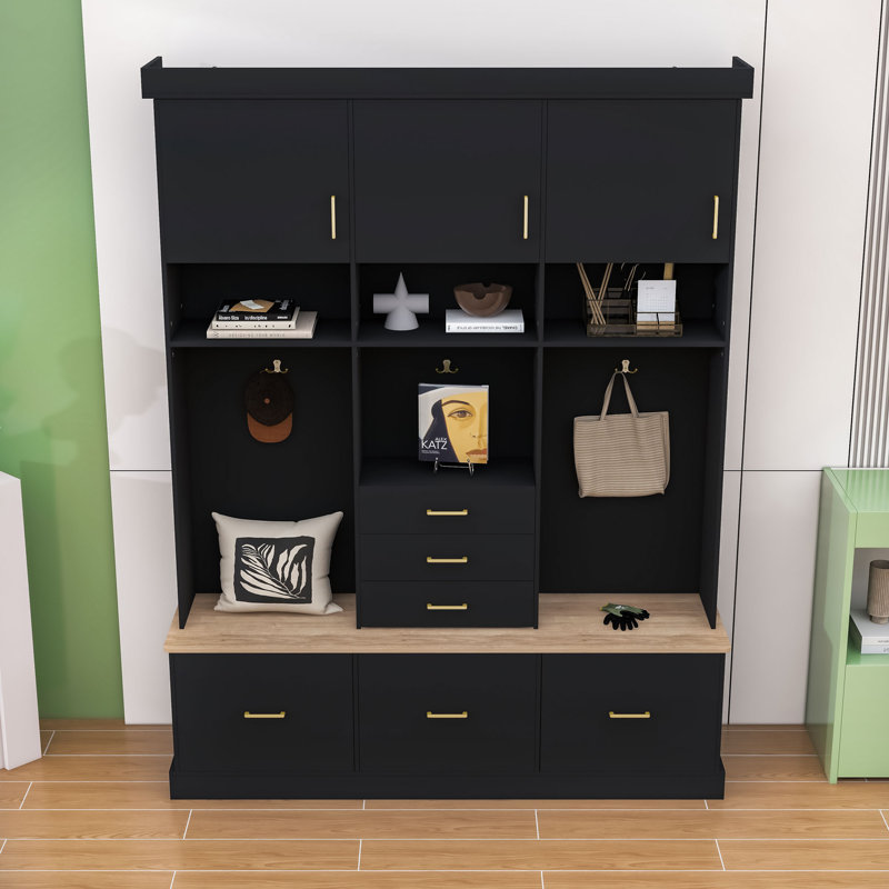 Multi-functional Hall Tree with Storage Drawers, Comfort Bench, Metal Hooks and Cabinets, Black