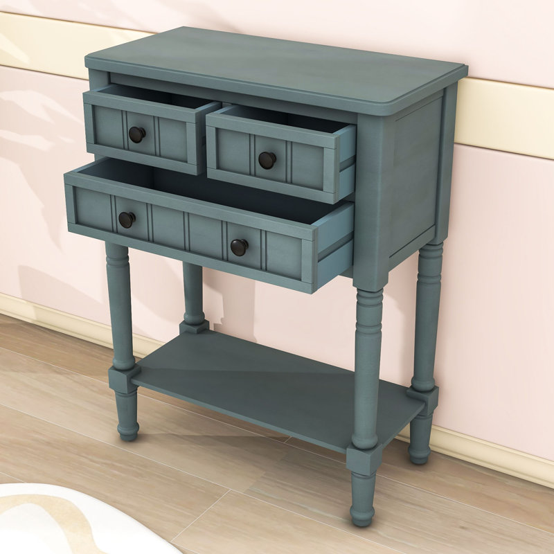 Draga Retro Narrow Console Table with Storage Drawers and Shelf for Living Room, Navy