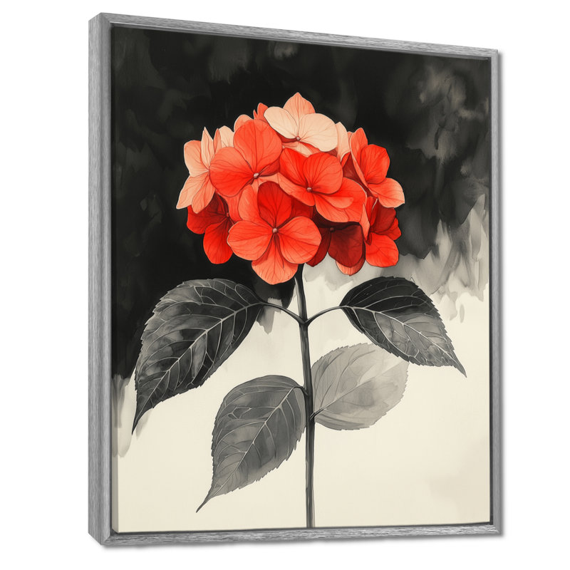 Hortensias monochromes avec décor de pétales rouges III - hydrangées, art mural, H 32 po x l 24 po, Argent argent