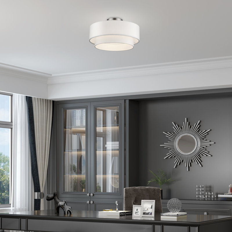 3 Light Soft Gold Large Semi-Flush With Hand Crafted Off-White Color Fabric Hardback Shades, Brushed Nickel