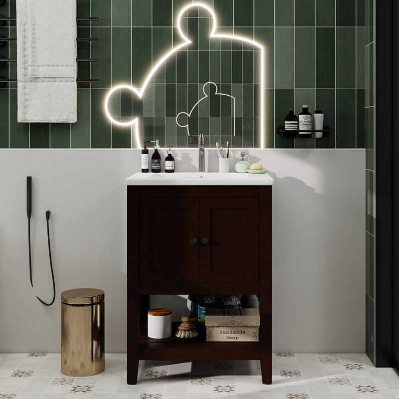 Lavabo de salle de bain moderne élégant en céramique 24 po avec tablette ouverte en bois massif, Noir