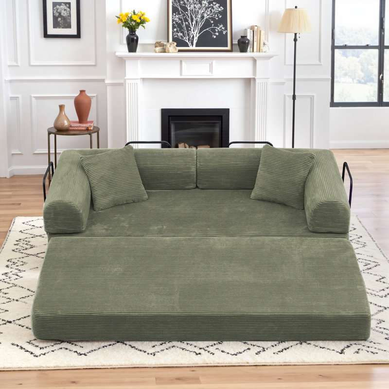 89" Boneless Corduroy Sleeper Sofa Bed, Modular Futon Couch, Compression Foam Sofa with 2 Pillows, No Assembly Required