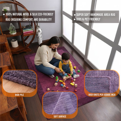 Hand Knotted Loom Wool Eco-Friendly Area Rugs - Rectangle | Purple Color | Contemporary Modern Design | High Pile | Thick Handmade Anti Skid Rugs for Living Room